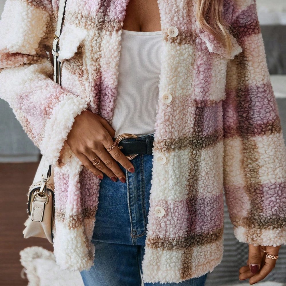 Tan Casual Womens Plaid Print Drop Shoulder Teddy Coat - Picture 3 of 5